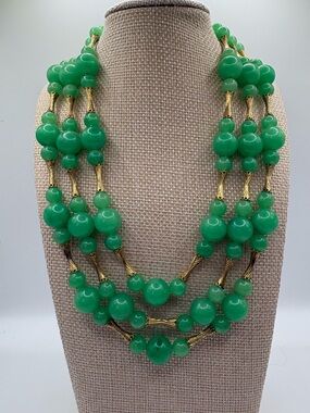 Vintage Coro signed triple strand light jade green plastic beaded necklace